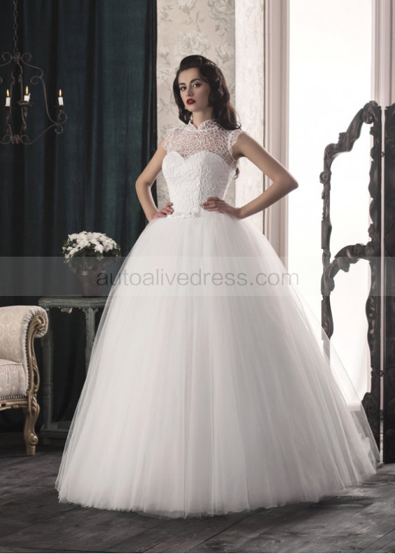 Lace Tulle High Neckline Corset Back Unusual Wedding Dress 